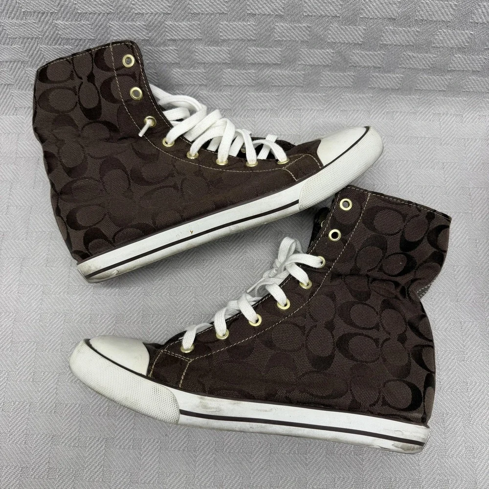 Coach Bonney Shoes Womens Size 9 Brown Canvas High Top Sneakers Coach Signature
